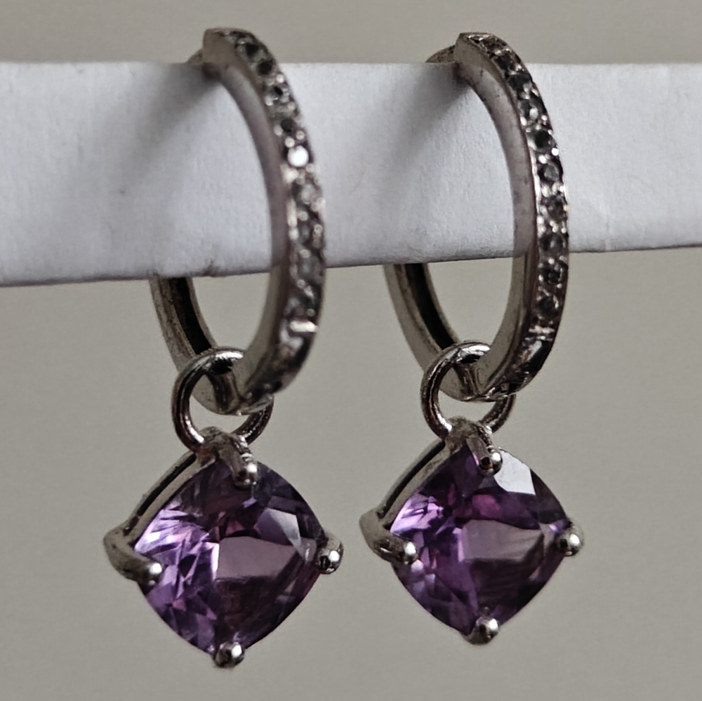 Elegant Sterling Silver 925 Hoop Earrings with Amethyst Stones & CZ